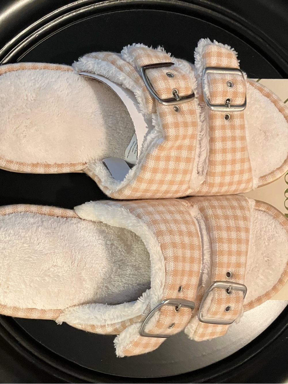 isotoner  Tan  Gingham Plush Double-Buckle Slide Slippers
